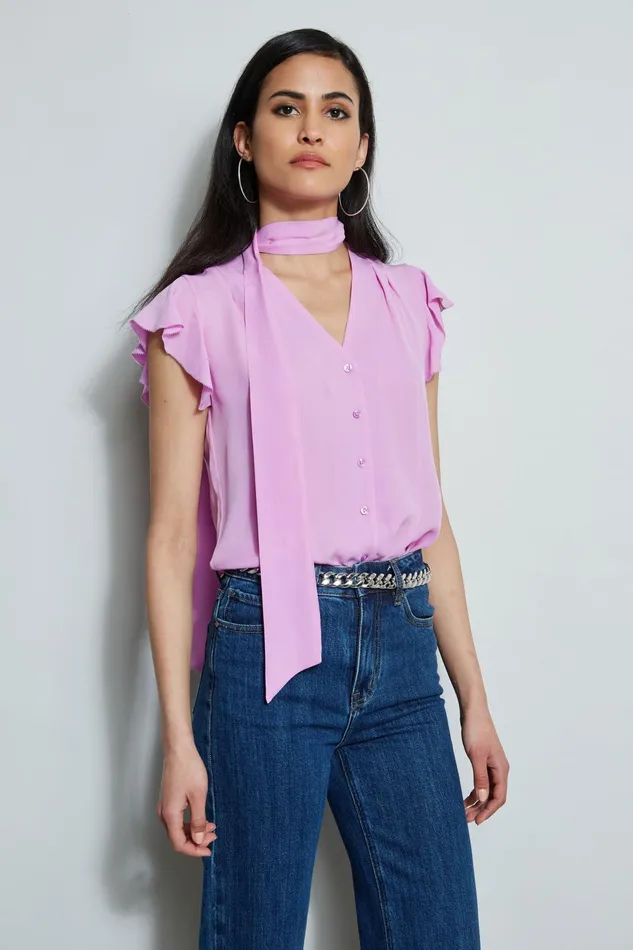 Outlet 8211 Women Tops Elie Tahari Flutter Sleeve Tie Shirt Bright Viola