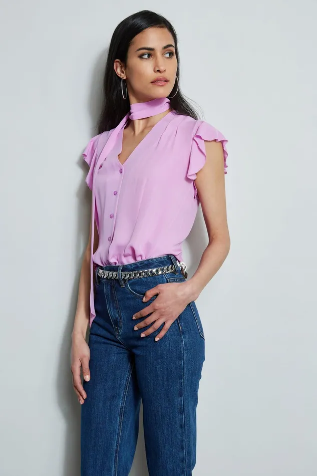 Outlet 8211 Women Tops Elie Tahari Flutter Sleeve Tie Shirt Bright Viola