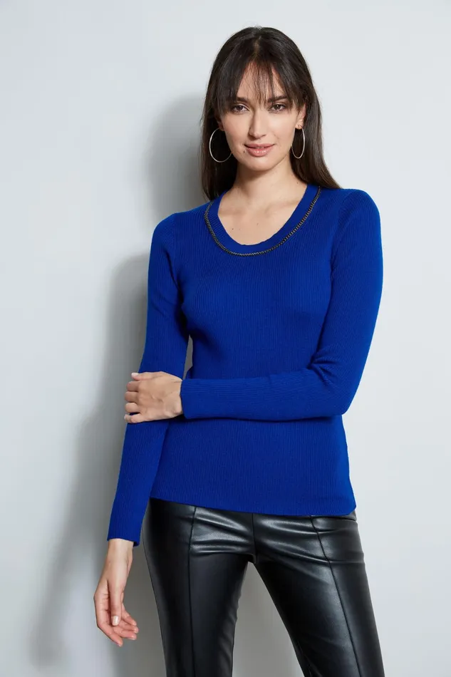 Outlet 8211 Women Tops Elie Tahari Merino Rib Chain Detail Sweater Klein Blue