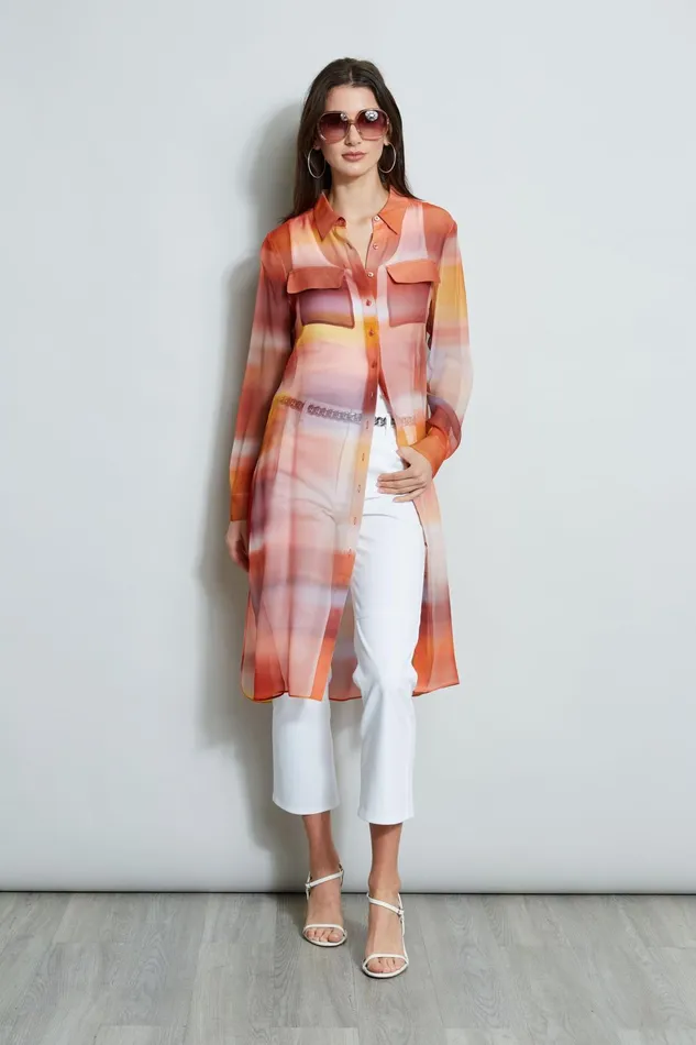 Outlet 8211 Women Tops Elie Tahari Ombre Silk Chiffon Maxi Shirt Ginger Multi