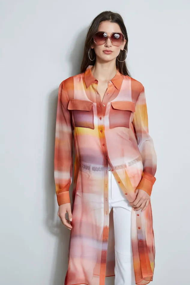 Outlet 8211 Women Tops Elie Tahari Ombre Silk Chiffon Maxi Shirt Ginger Multi