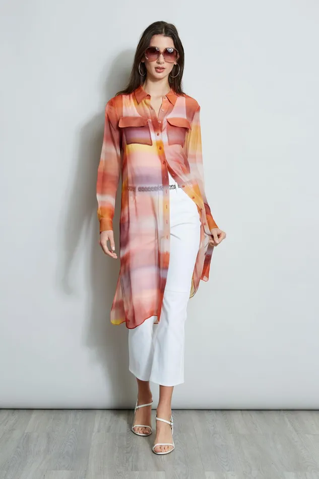 Outlet 8211 Women Tops Elie Tahari Ombre Silk Chiffon Maxi Shirt Ginger Multi