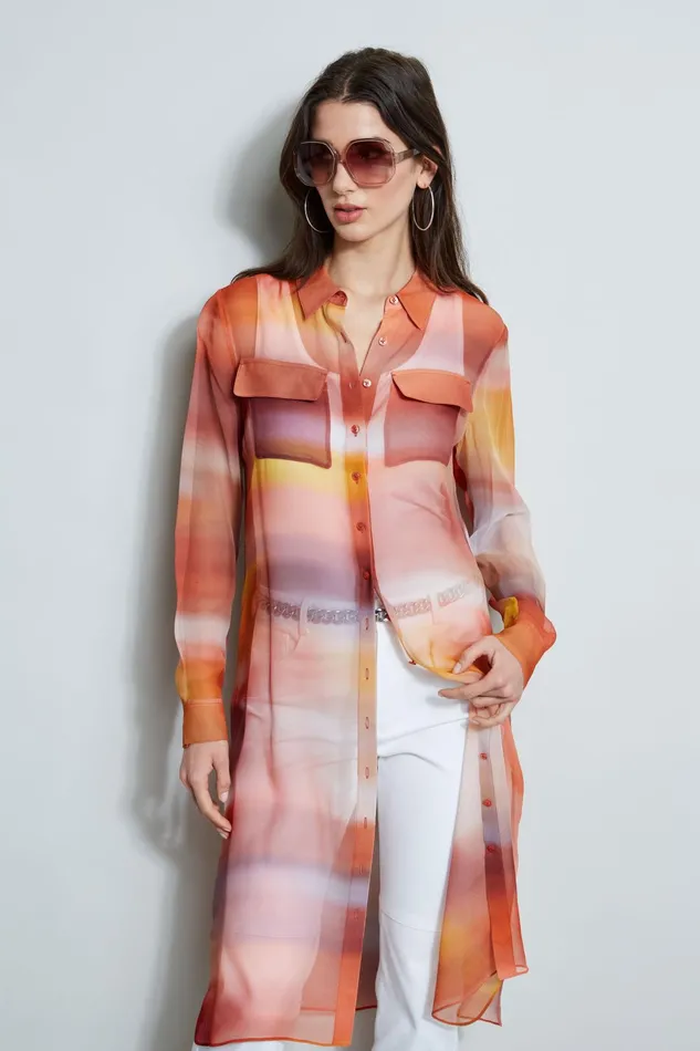 Outlet 8211 Women Tops Elie Tahari Ombre Silk Chiffon Maxi Shirt Ginger Multi
