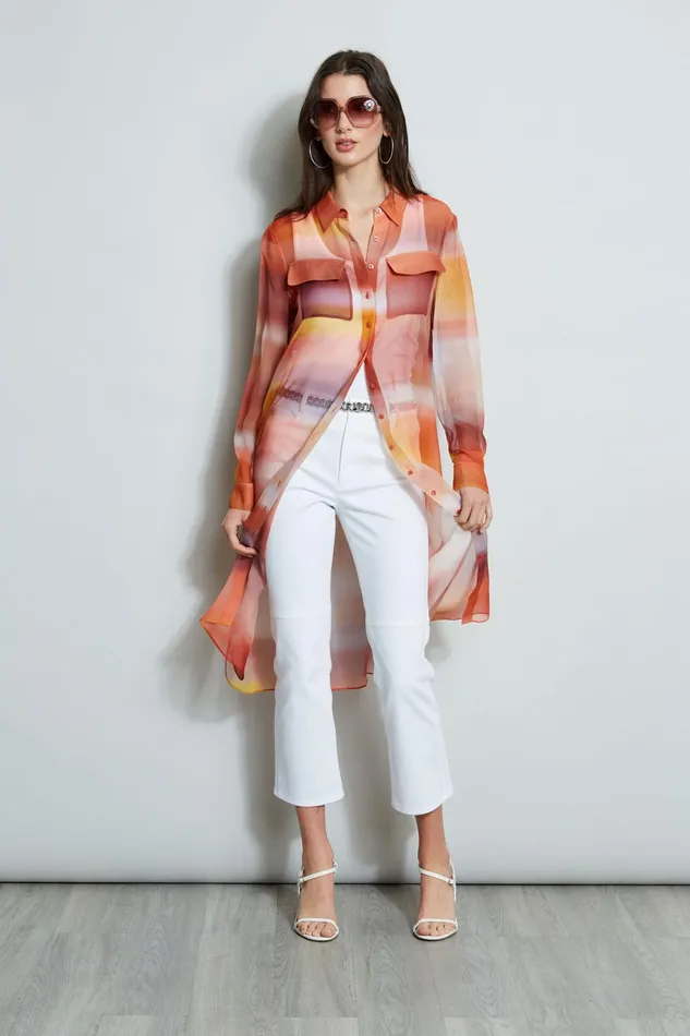 Outlet 8211 Women Tops Elie Tahari Ombre Silk Chiffon Maxi Shirt Ginger Multi