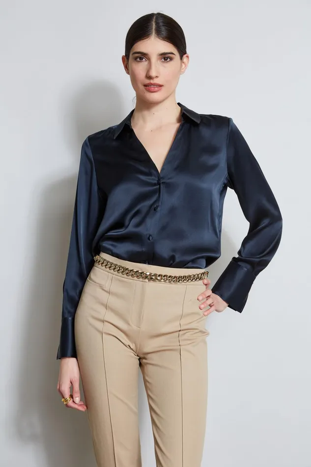 Outlet 8211 Women Tops Elie Tahari Silk Satin Button Down Shirt Stargazer