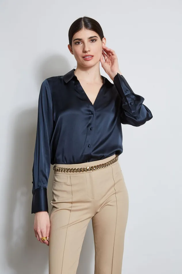 Outlet 8211 Women Tops Elie Tahari Silk Satin Button Down Shirt Stargazer