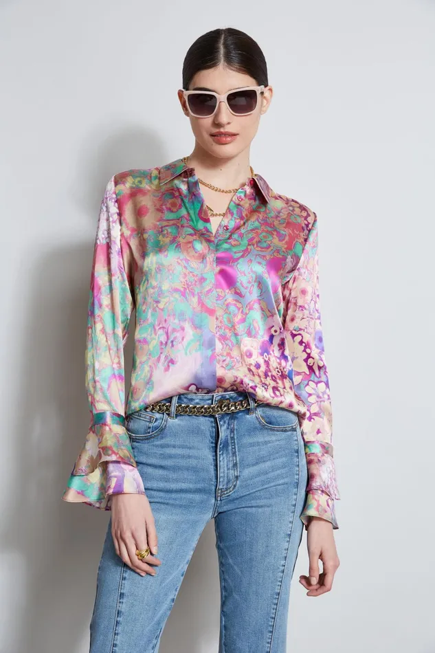 Outlet 8211 Women Tops Elie Tahari Silk Satin Field Floral Shirt Multi