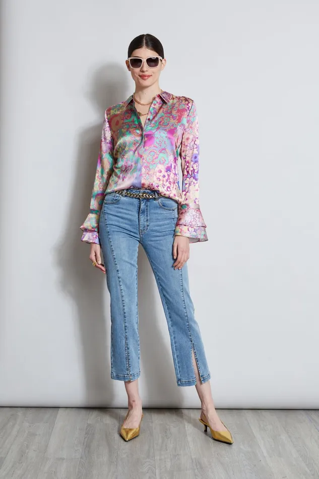 Outlet 8211 Women Tops Elie Tahari Silk Satin Field Floral Shirt Multi