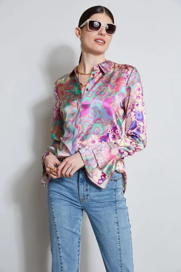 Outlet 8211 Women Tops Elie Tahari Silk Satin Field Floral Shirt Multi