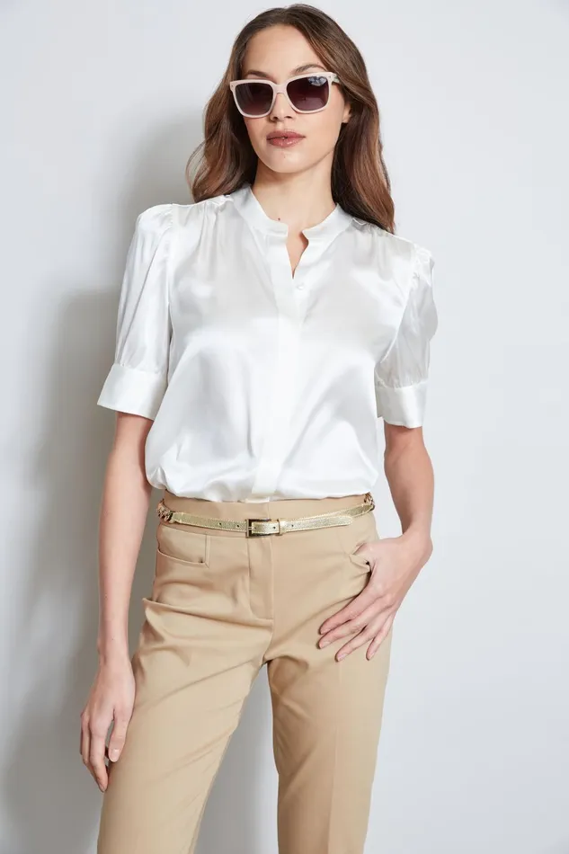 Outlet 8211 Women Tops Elie Tahari Silk Satin Ruched Sleeve Shirt Fresh Pearl