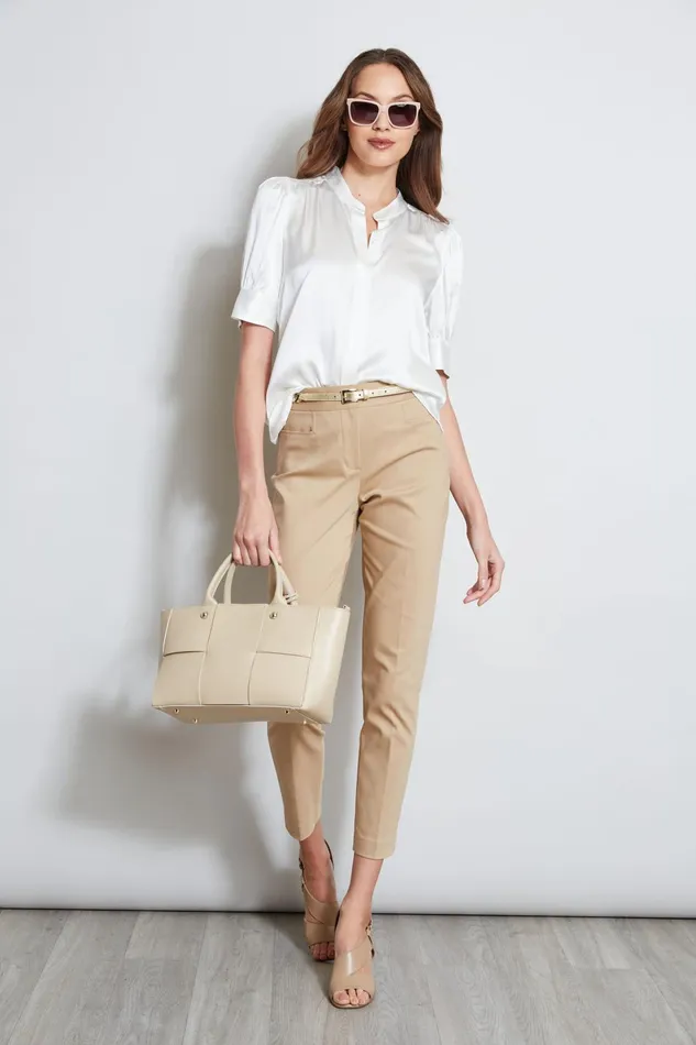 Outlet 8211 Women Tops Elie Tahari Silk Satin Ruched Sleeve Shirt Fresh Pearl