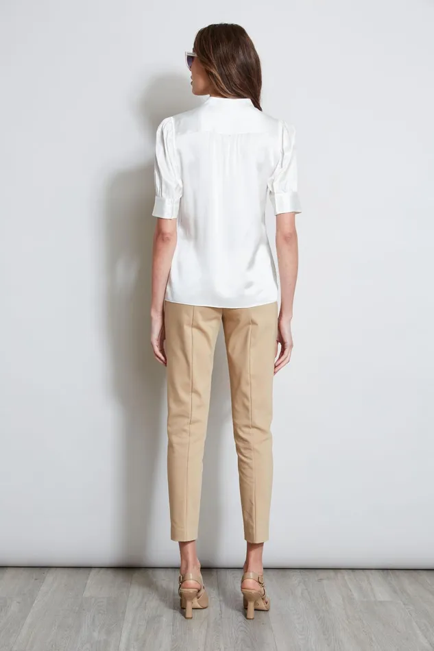 Outlet 8211 Women Tops Elie Tahari Silk Satin Ruched Sleeve Shirt Fresh Pearl