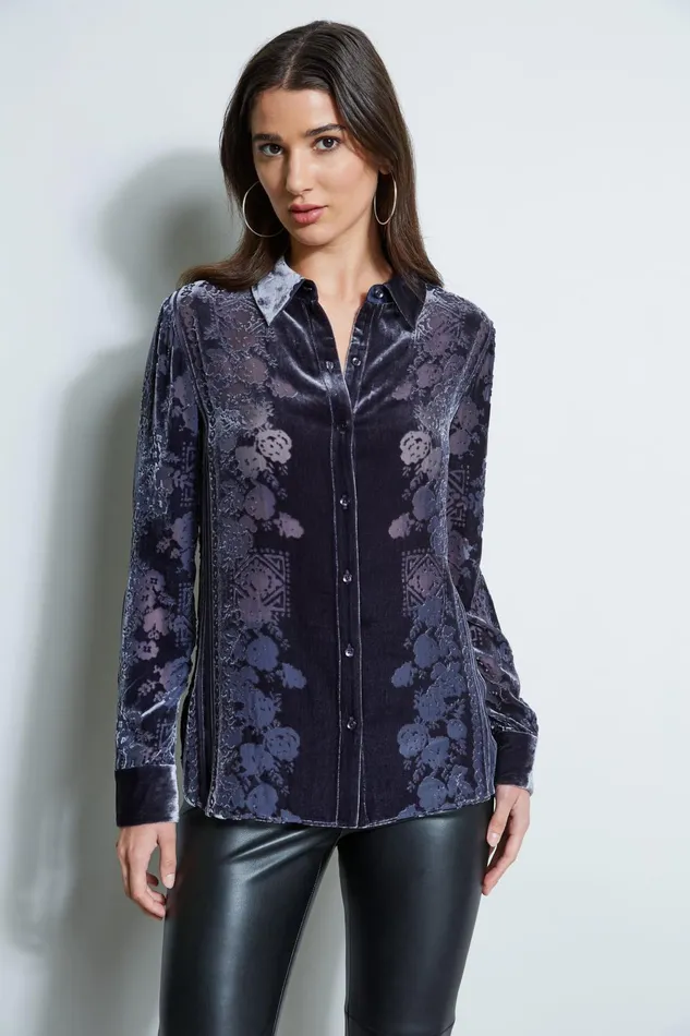Outlet 8211 Women Tops Elie Tahari Tapestry Velvet Burnout Shirt Slate Blue