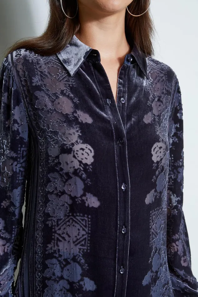 Outlet 8211 Women Tops Elie Tahari Tapestry Velvet Burnout Shirt Slate Blue