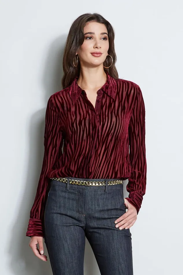 Outlet 8211 Women Tops Elie Tahari Zebra Burnout Velvet Shirt Bordeaux