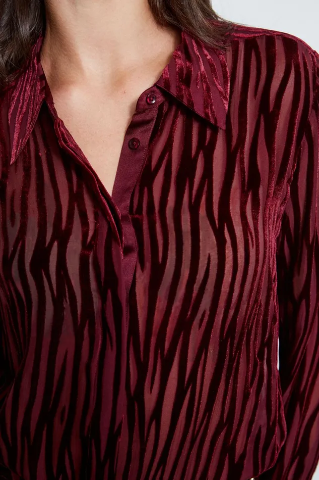 Outlet 8211 Women Tops Elie Tahari Zebra Burnout Velvet Shirt Bordeaux