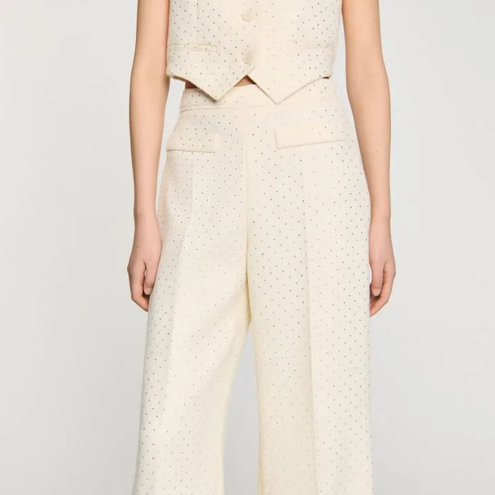 Pants and Shorts Women SANDRO Tweed Rhinestonecovered Trousers Ecru