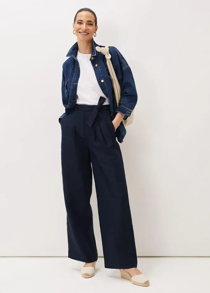 Phase Eight Aaliyah Navy Linen Wide Leg Trousers Navy Women Trousers