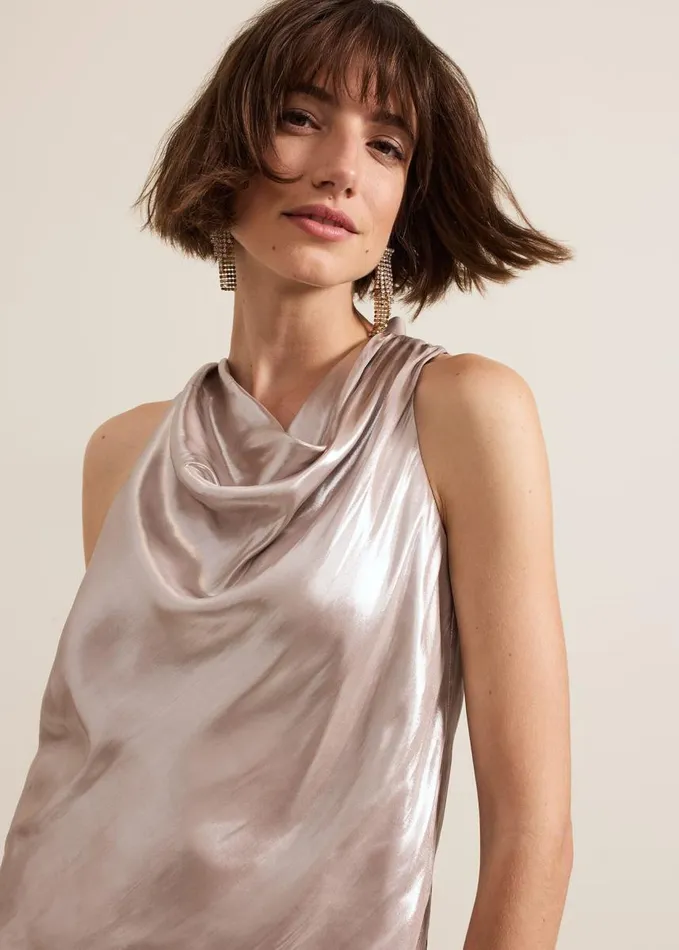 Phase Eight Adrina Metallic Cowl Neck Top Silver Women Shirts and Blouses