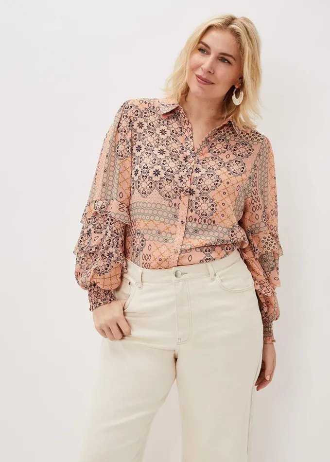Phase Eight Ailsa Tile Print Ruffle Blouse Pink Women Shirts and Blouses