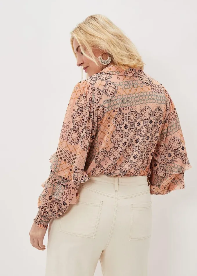 Phase Eight Ailsa Tile Print Ruffle Blouse Pink Women Shirts and Blouses