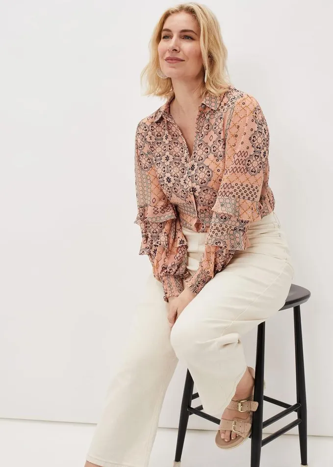 Phase Eight Ailsa Tile Print Ruffle Blouse Pink Women Shirts and Blouses