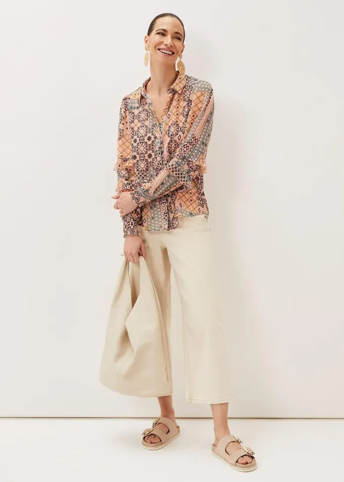Phase Eight Ailsa Tile Print Ruffle Blouse Pink Women Shirts and Blouses