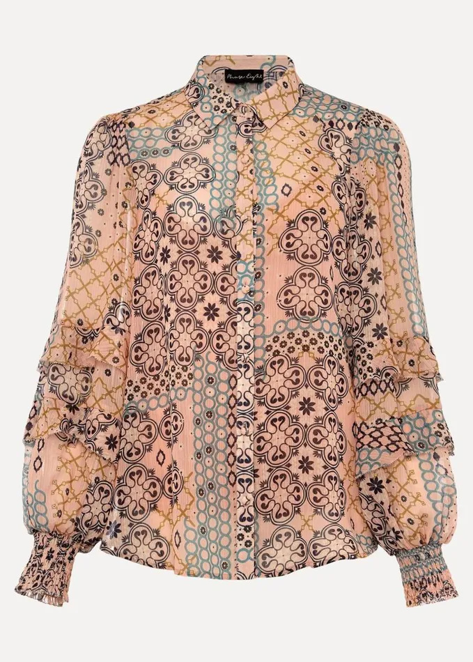 Phase Eight Ailsa Tile Print Ruffle Blouse Pink Women Shirts and Blouses