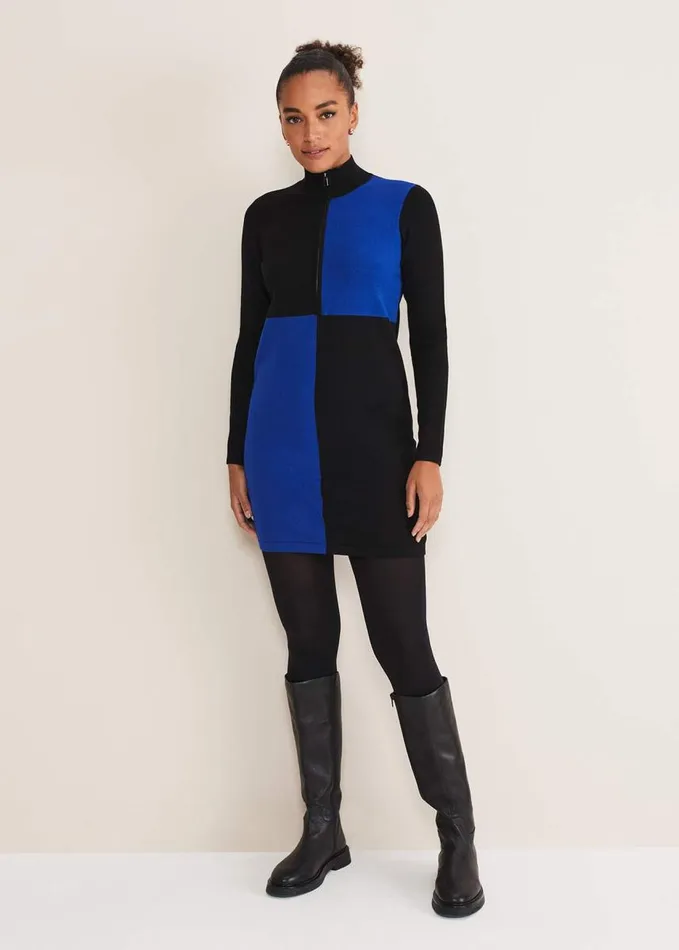 Phase Eight Arden Zip Detail Colour Block Knit Dress Cobaltblack Women Dresses
