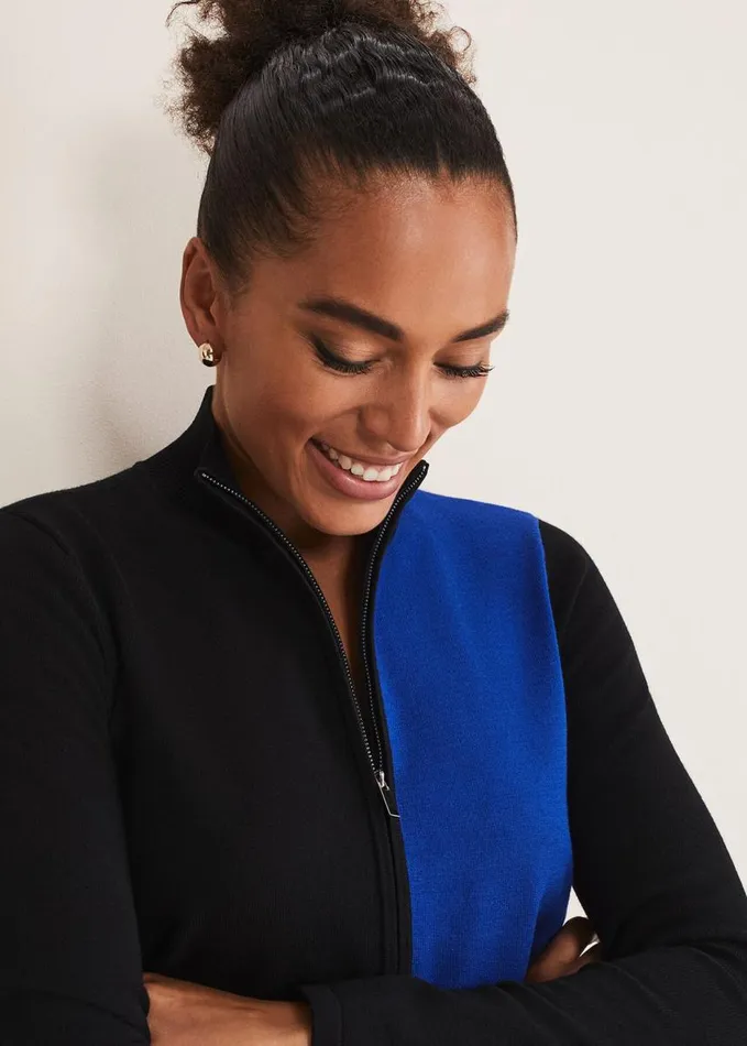 Phase Eight Arden Zip Detail Colour Block Knit Dress Cobaltblack Women Dresses