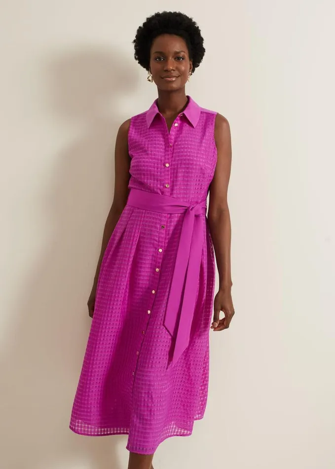 Phase Eight Carey Sleeveless Check Midi Dress Pink Women Dresses