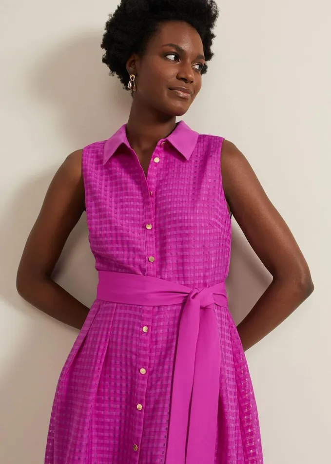 Phase Eight Carey Sleeveless Check Midi Dress Pink Women Dresses