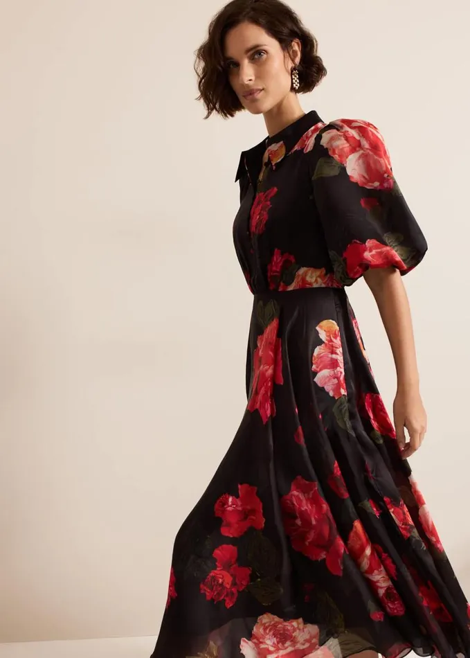 Phase Eight Cilla Floral Shirt Midi Dress Blackmulti Women Dresses
