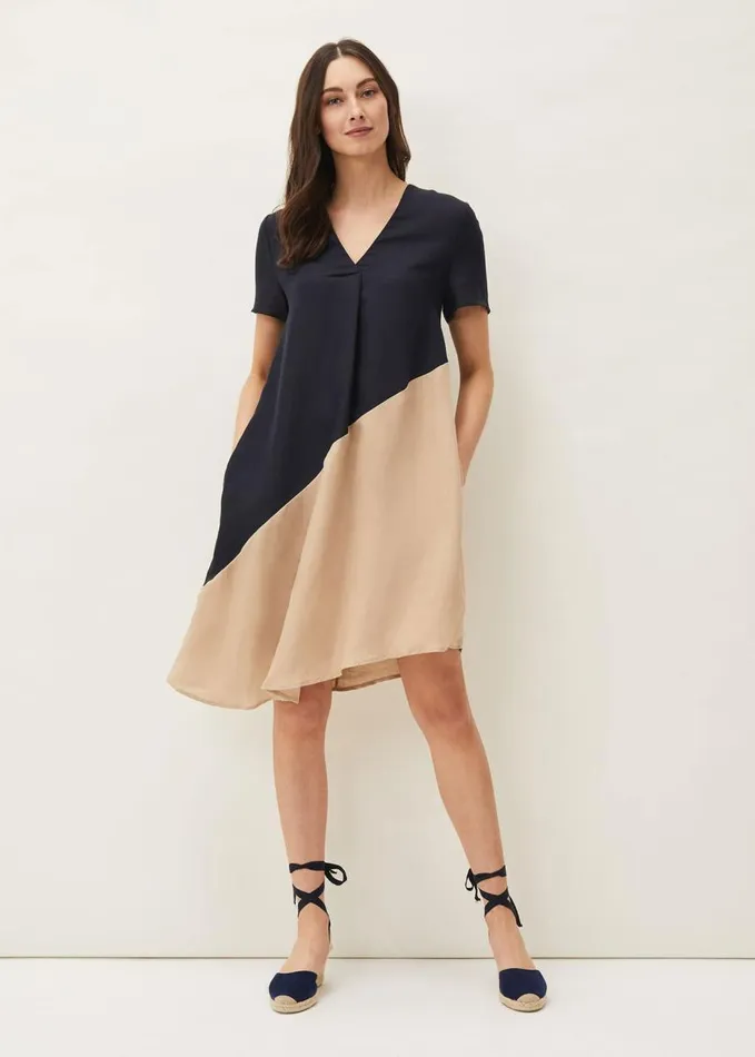 Phase Eight Doty Colourblock LinenBlend Swing Dress Navystone Women Dresses
