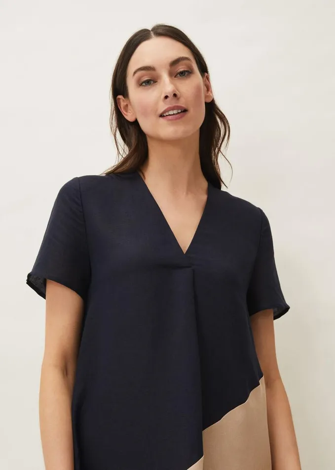 Phase Eight Doty Colourblock LinenBlend Swing Dress Navystone Women Dresses