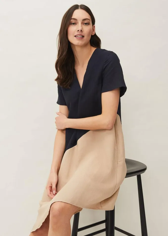 Phase Eight Doty Colourblock LinenBlend Swing Dress Navystone Women Dresses