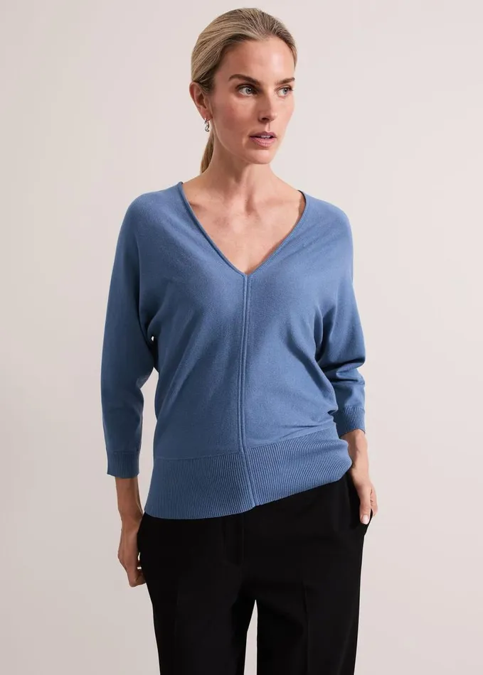 Phase Eight Gina V Neck Batwing Jumper Blue Women Knitwear