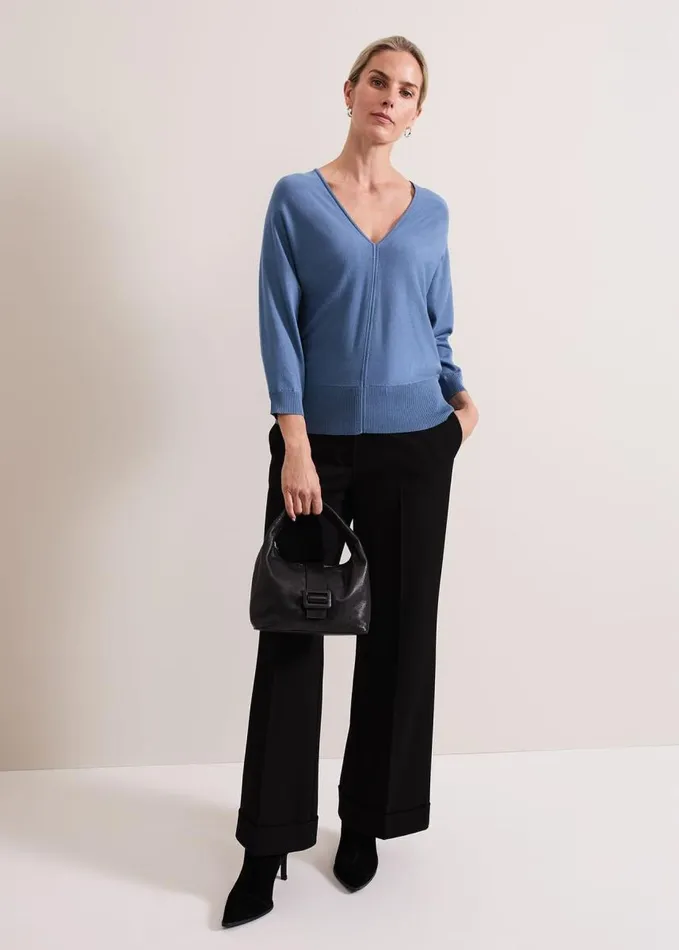 Phase Eight Gina V Neck Batwing Jumper Blue Women Knitwear