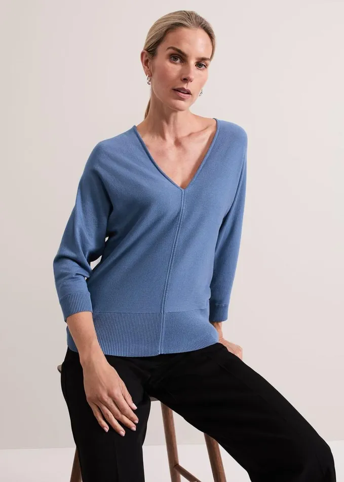 Phase Eight Gina V Neck Batwing Jumper Blue Women Knitwear