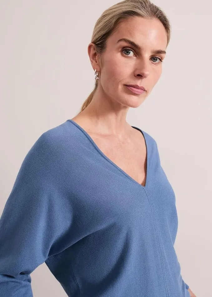 Phase Eight Gina V Neck Batwing Jumper Blue Women Knitwear