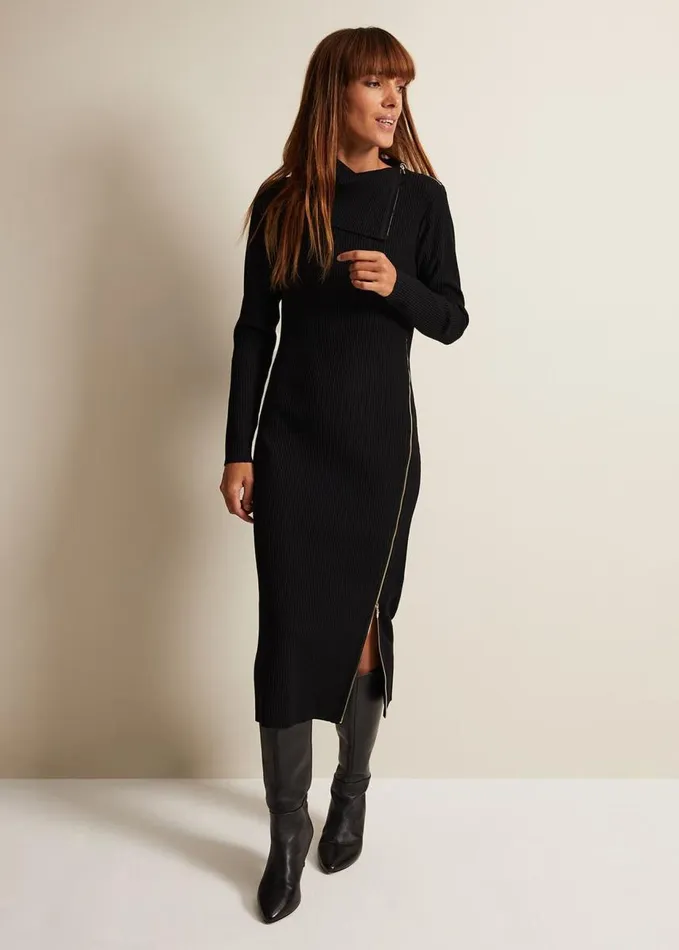 Phase Eight Hartley Zip Ribbed Column Dress Black Women Dresses