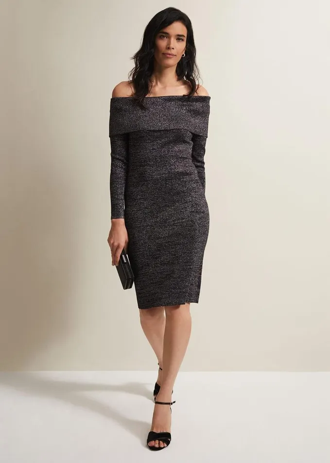 Phase Eight Heidi Knitted Bardot Dress Blacksilver Women Dresses