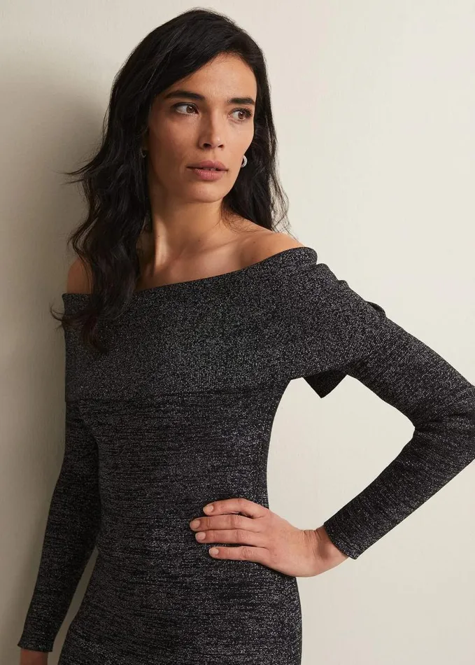 Phase Eight Heidi Knitted Bardot Dress Blacksilver Women Dresses