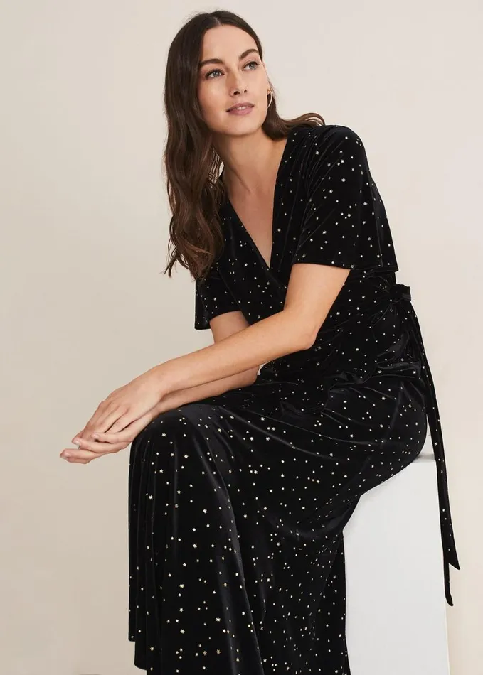 Phase Eight Holly Velvet Star Wrap Maxi Dress Black Women Dresses