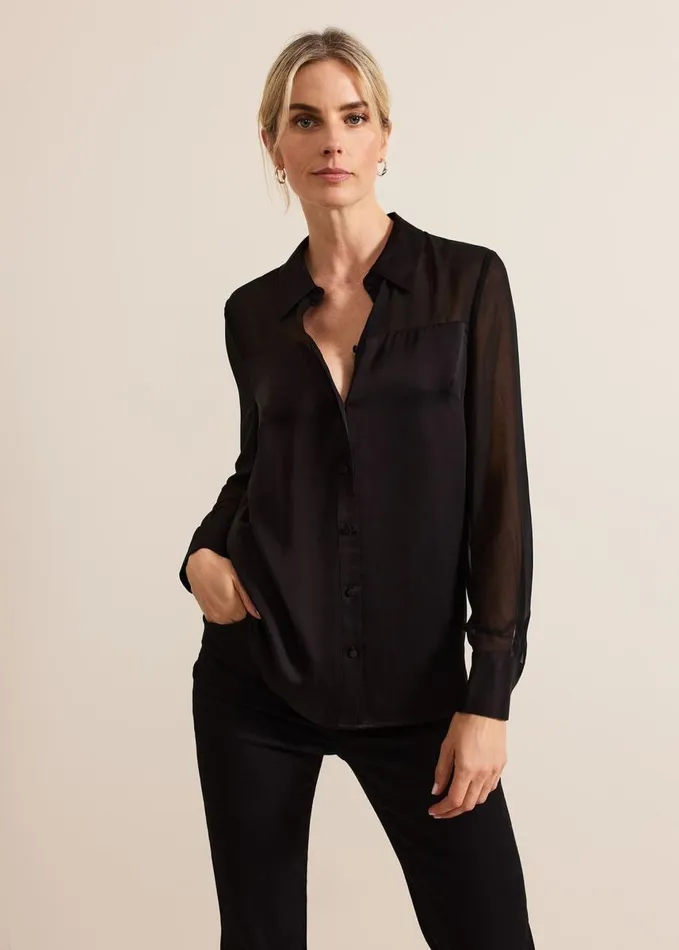 Phase Eight Inessa Mixed Media Satin Shirt Black Women Shirts and Blouses