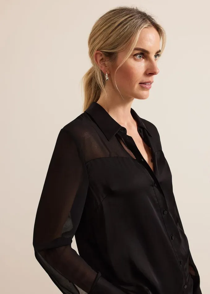 Phase Eight Inessa Mixed Media Satin Shirt Black Women Shirts and Blouses