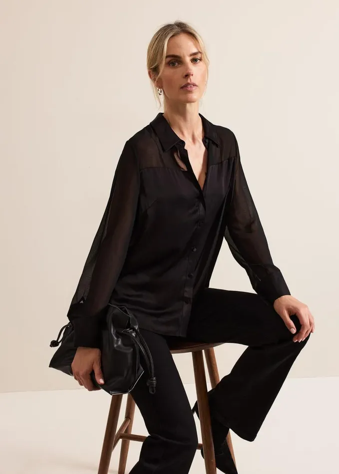 Phase Eight Inessa Mixed Media Satin Shirt Black Women Shirts and Blouses