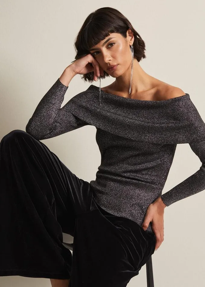 Phase Eight Iris Bardot Knitted Top Black Women Knitwear
