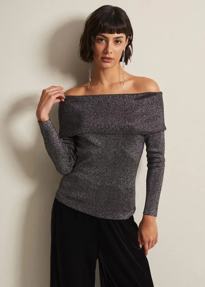 Phase Eight Iris Bardot Knitted Top Black Women Knitwear