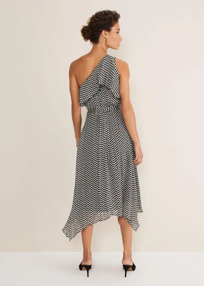 Phase Eight Kaz Checked One Shoulder Midi Dress Blackwhite Women Dresses